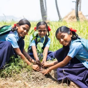 group of teenager village school kids planting tree while looking at camera - concept of environmental conservation, volunteers and sustainable lifestyle.